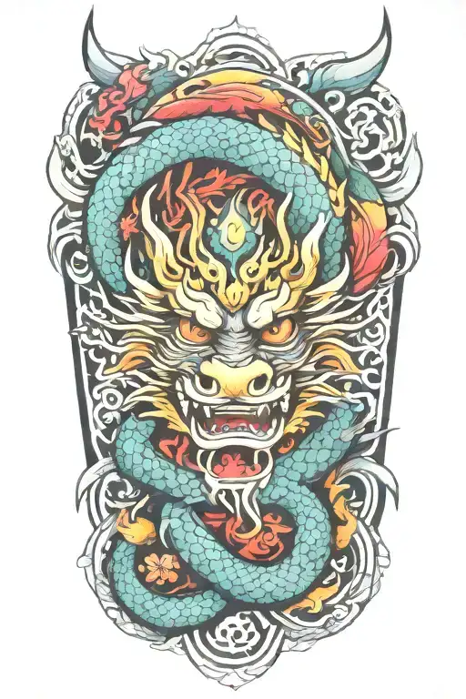 colorful japanese tribal tattoo with dragon tattoo design idea