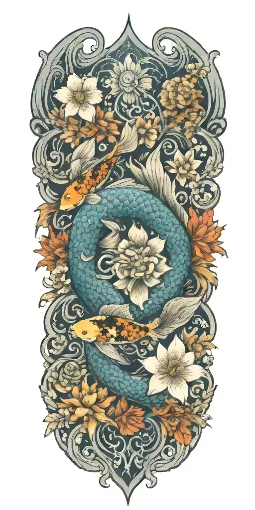  floral design incorporating elements of the sea and islands and koi tattoo design idea