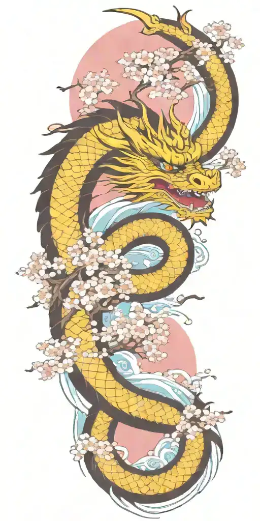 A fierce dragon emerging from the ocean waves with cherry blossom trees in the background tattoo design idea