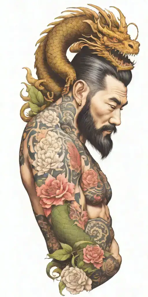 A bearded lunberjack with a dragon tattoo wrapping around his arms, incorporating floral elements in the design tattoo design idea