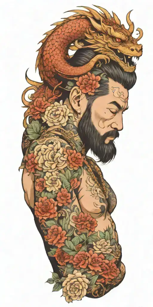 A bearded man with a dragon tattoo wrapping around his arms, incorporating floral elements in the design tattoo design idea
