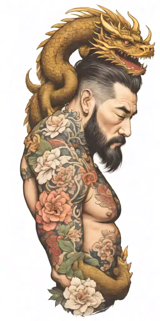 A bearded man with a dragon tattoo wrapping around his arms, incorporating floral elements in the design tattoo design idea
