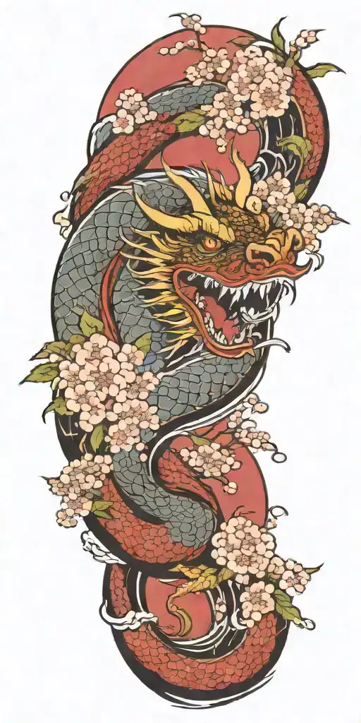 A fierce dragon emerging from the ocean waves with cherry blossom trees in the background tattoo design idea