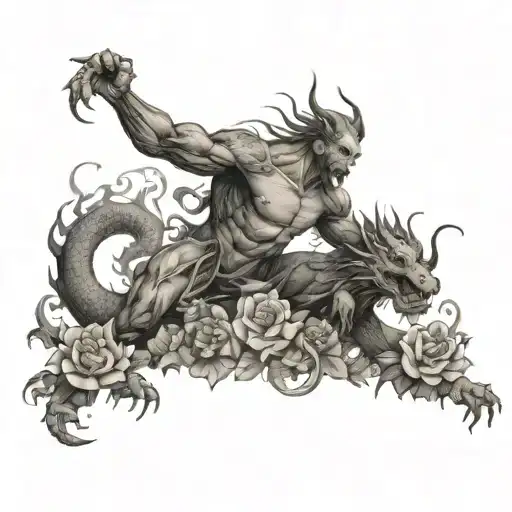 A mythical scene of a muscular man battling a fierce dragon, with blooming flowers scattered around the epic fight tattoo design idea