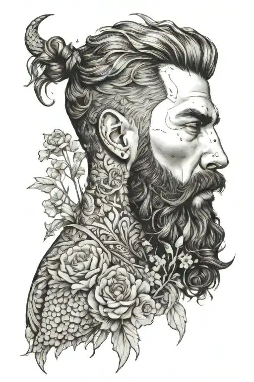 A sensual portrait of a muscular man with a beard, adorned with dragon tattoos and surrounded by a field of wildflowers tattoo design idea
