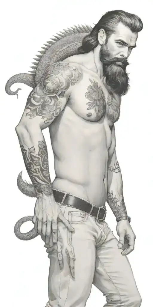 gay pinup country boy, style of Tom of finland, long hair, full bearded, dragon tattoo design idea