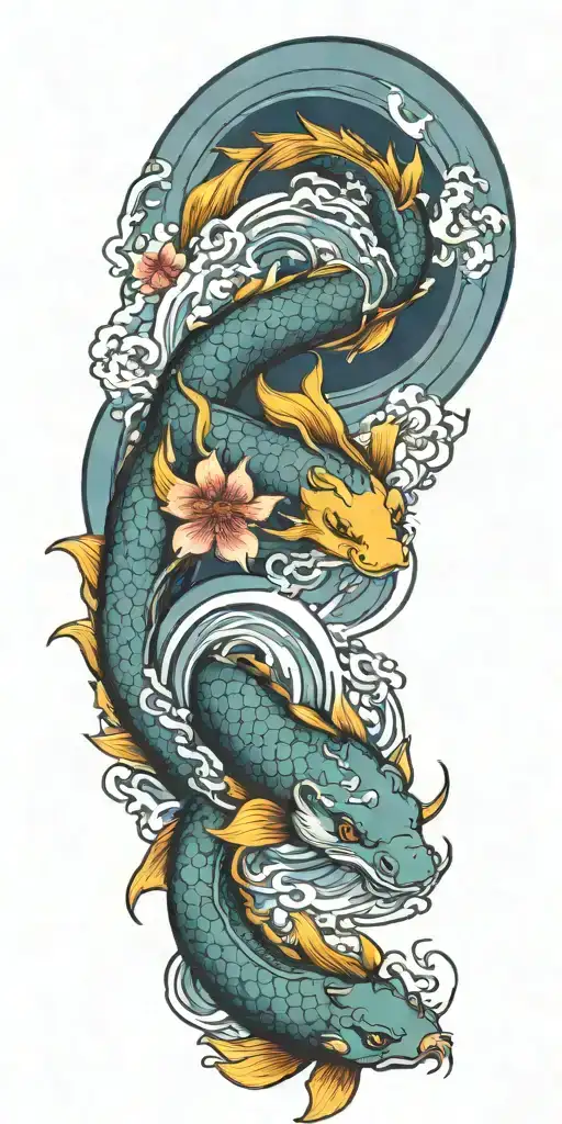 dragon koi water wind flower tattoo design idea