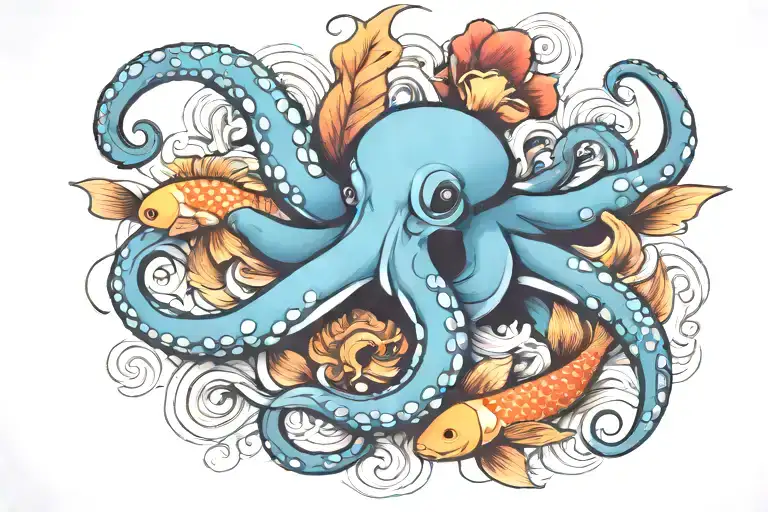 octopus and koi fish swimming together tattoo design idea