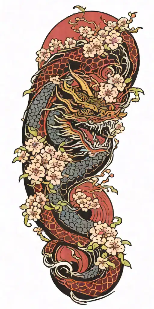 A fierce dragon emerging from the ocean waves with cherry blossom trees in the background tattoo design idea