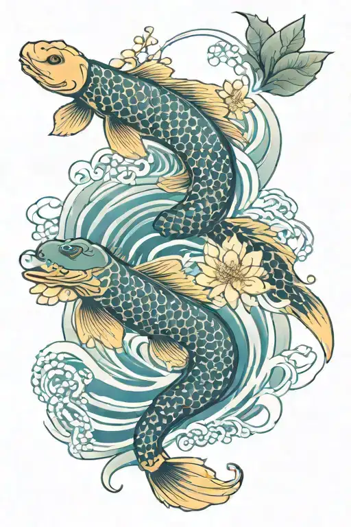 koi fish, turtle, plum blossom,water waves, lotus flower, water dragon    tattoo design idea
