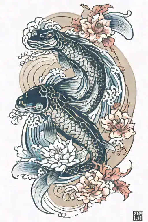 koi fish, turtle, plum blossom,water waves, lotus flower, water dragon    tattoo design idea