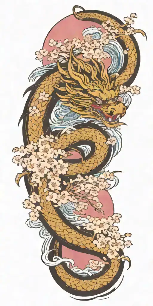 A fierce dragon emerging from the ocean waves with cherry blossom trees in the background tattoo design idea