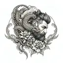 A bearded man with a dragon tattoo wrapping around his arms, incorporating floral elements in the design tattoo design idea