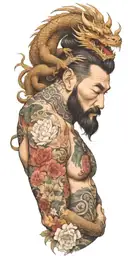 A bearded man with a dragon tattoo wrapping around his arms, incorporating floral elements in the design tattoo design idea