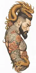 A bearded man with a dragon tattoo wrapping around his arms, incorporating floral elements in the design tattoo design idea
