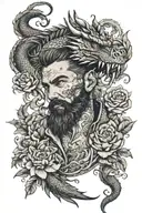 A bearded man with a dragon tattoo wrapping around his arms, incorporating floral elements in the design tattoo design idea