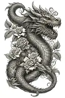 A bearded man with a dragon tattoo wrapping around his arms, incorporating floral elements in the design tattoo design idea