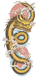 A fierce dragon emerging from the ocean waves with cherry blossom trees in the background tattoo design idea