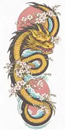 A fierce dragon emerging from the ocean waves with cherry blossom trees in the background tattoo design idea