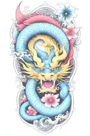 floral japanese tattoo with dragon and water  tattoo design idea