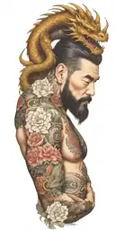 A bearded man with a dragon tattoo wrapping around his arms, incorporating floral elements in the design tattoo design idea
