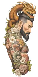 A bearded man with a dragon tattoo wrapping around his arms, incorporating floral elements in the design tattoo design idea