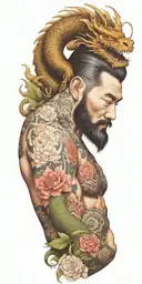 A bearded lunberjack with a dragon tattoo wrapping around his arms, incorporating floral elements in the design tattoo design idea