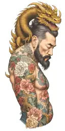 A bearded lunberjack with a dragon tattoo wrapping around his arms, incorporating floral elements in the design tattoo design idea