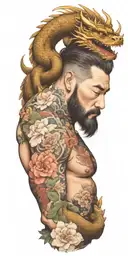 A bearded man with a dragon tattoo wrapping around his arms, incorporating floral elements in the design tattoo design idea