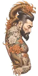 A bearded man with a dragon tattoo wrapping around his arms, incorporating floral elements in the design tattoo design idea