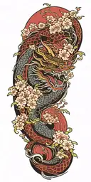 A fierce dragon emerging from the ocean waves with cherry blossom trees in the background tattoo design idea