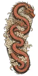 A fierce dragon emerging from the ocean waves with cherry blossom trees in the background tattoo design idea