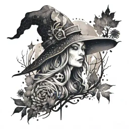 An abstract watercolor design of a peaceful witch surrounded by nature elements tattoo design idea
