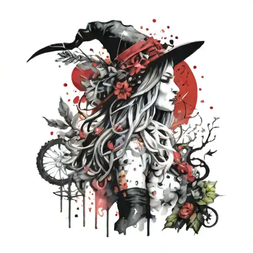 An abstract watercolor design of a peaceful witch surrounded by nature elements tattoo design idea
