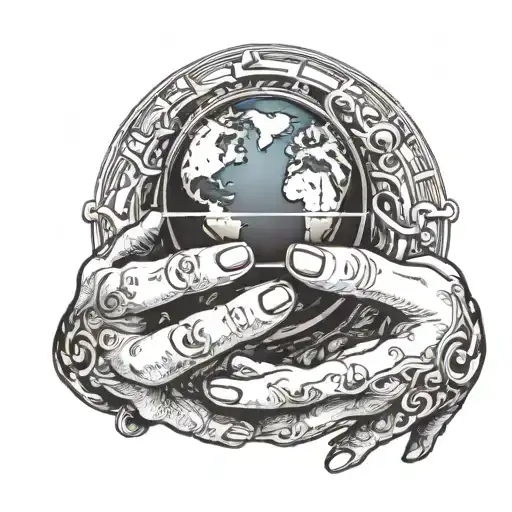 A pair of hands holding a globe symbolizing  Genesis 1:31 with bannered Greek lettering  tattoo design idea