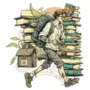 Adventuring young man walking with books surrounded tattoo design idea
