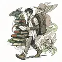 Adventuring young man walking with books surrounded tattoo design idea