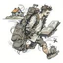 Adventuring young man walking with books surrounded tattoo design idea