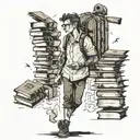 Adventuring young man walking with books surrounded tattoo design idea