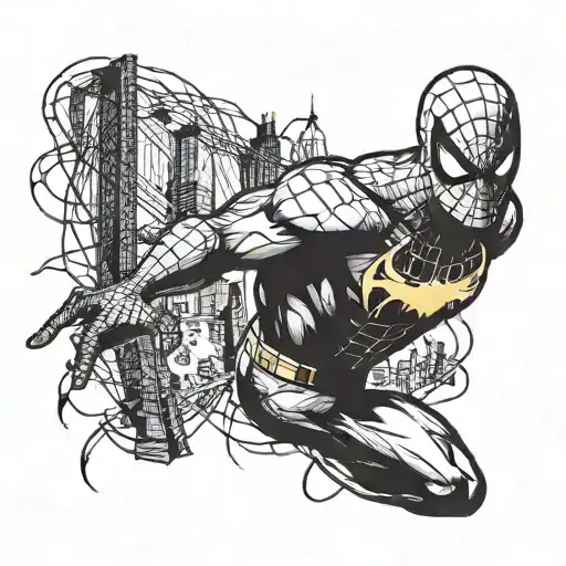 spiderman spider on forearm sleeve combined with batman bats flying around and the citiy of manhattan and supermans sign tattoo design idea