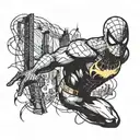 spiderman spider on forearm sleeve combined with batman bats flying around and the citiy of manhattan and supermans sign tattoo design idea