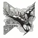 spiderman spider on forearm sleeve combined with batman bats flying around and the citiy of manhattan and supermans sign tattoo design idea