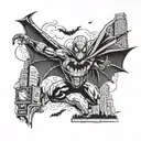 spiderman spider on forearm sleeve combined with batman bats flying around and the citiy of manhattan and supermans sign tattoo design idea