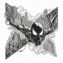 spiderman spider on forearm sleeve combined with batman bats flying around and the citiy of manhattan and supermans sign tattoo design idea