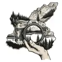 the view of a forest with a lake and mountains in the background, seen through a camera lens and a woman near the lake tattoo design idea
