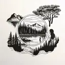 the view of a forest with a lake and mountains in the background, seen through a camera lens and a woman near the lake tattoo design idea