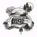 the view of a forest with a lake and mountains in the background, seen through a camera lens and a woman near the lake tattoo design idea