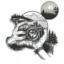 the view of a forest with a lake and mountains in the background, seen through a camera lens and a woman near the lake tattoo design idea