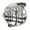 trees looking through lens with the name Tanvi interwoven  tattoo design idea