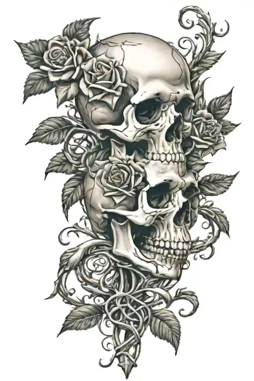 skull roses cross and vines and thorns wrapped tattoo design idea